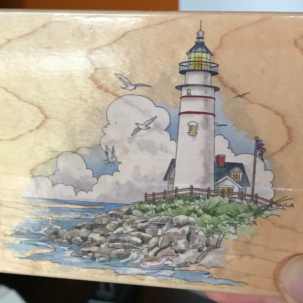 Stamps Happen Lighthouse with seagulls and water - Mounted Rubber Stamp #80158